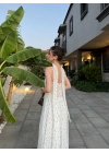 Kahve Puantiyeli Fularlı Beyaz Elbise