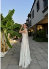 Kahve Puantiyeli Fularlı Beyaz Elbise