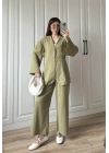 Kancalı Premium Nude Yeşili Keten Takım