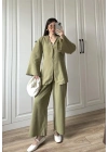 Kancalı Premium Nude Yeşili Keten Takım