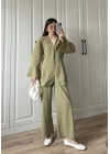 Kancalı Premium Nude Yeşili Keten Takım
