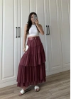 Katlı Boho Vual Kemerli Bordo Etek