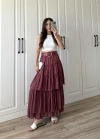 Katlı Boho Vual Kemerli Bordo Etek