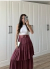 Katlı Boho Vual Kemerli Bordo Etek