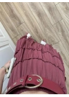 Katlı Boho Vual Kemerli Bordo Etek