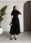 Kemerli Önü Fermuarlı Premium Siyah Elbise