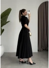 Kemerli Önü Fermuarlı Premium Siyah Elbise