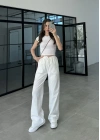 Keten Beli Lastikli Ekru Pantolon