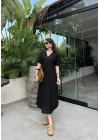 Keten V Yaka Basic Siyah Elbise