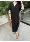 Keten V Yaka Basic Siyah Elbise