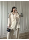 Krinkıl Yandan Bağlamalı Krem Kimono Takım