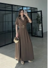 Kruvaze Model Tokalı Haki Uzun Elbise