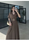 Kruvaze Model Tokalı Haki Uzun Elbise