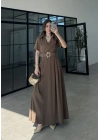 Kruvaze Model Tokalı Haki Uzun Elbise