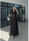 Kruvaze Model Tokalı Kahve Uzun Elbise