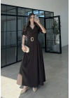 Kruvaze Model Tokalı Kahve Uzun Elbise
