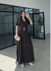 Kruvaze Model Tokalı Kahve Uzun Elbise