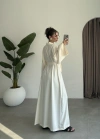 Kuşaklı Tam Boy Ekru Kimono