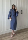 Laila Tensel Basic Kuşaklı İndigo  Elbise