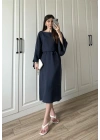 Laila Tensel Basic Kuşaklı Lacivert Elbise
