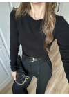 Likralı Uzun Kol Siyah Body