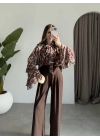 Lily Kahve Desenli Tül Bluz