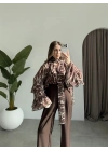 Lily Kahve Desenli Tül Bluz