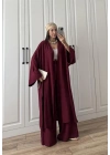 Maxi Uzun Bordo Gofre Kimono Takım