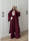 Maxi Uzun Bordo Gofre Kimono Takım