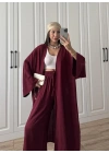 Maxi Uzun Bordo Gofre Kimono Takım