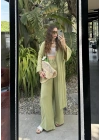 Maxi Uzun Nude Yeşili Gofre Kimono Takım