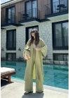 Maxi Uzun Nude Yeşili Gofre Kimono Takım