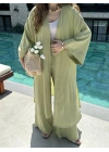 Maxi Uzun Nude Yeşili Gofre Kimono Takım