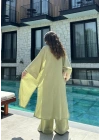 Maxi Uzun Nude Yeşili Gofre Kimono Takım