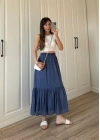 Midi Boy Şifon Astarlı Lacivert Etek