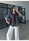 Mürdüm Atkılı Çizgili T-shirt