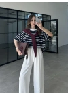 Mürdüm Atkılı Çizgili T-shirt