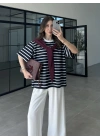 Mürdüm Atkılı Çizgili T-shirt