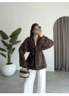 Nakış Baskılı Kuşaklı Kahve Kimono