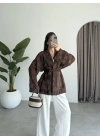 Nakış Baskılı Kuşaklı Kahve Kimono