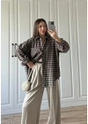 Noble Oversize Acı Kahve Kare Ekose Gömlek