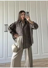 Noble Oversize Acı Kahve Kare Ekose Gömlek