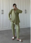 Nude Yeşili Gofre Bağlamalı Kimono Takım