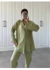 Nude Yeşili Gofre Bağlamalı Kimono Takım