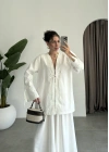 Önden Bağcıklı Kol Detaylı Beyaz Kimono