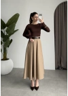 Önden Pile Detaylı Cappuccino Kemerli Etek