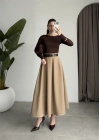 Önden Pile Detaylı Cappuccino Kemerli Etek