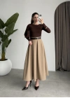 Önden Pile Detaylı Cappuccino Kemerli Etek