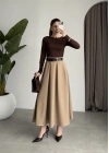 Önden Pile Detaylı Cappuccino Kemerli Etek