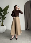 Önden Pile Detaylı Cappuccino Kemerli Etek